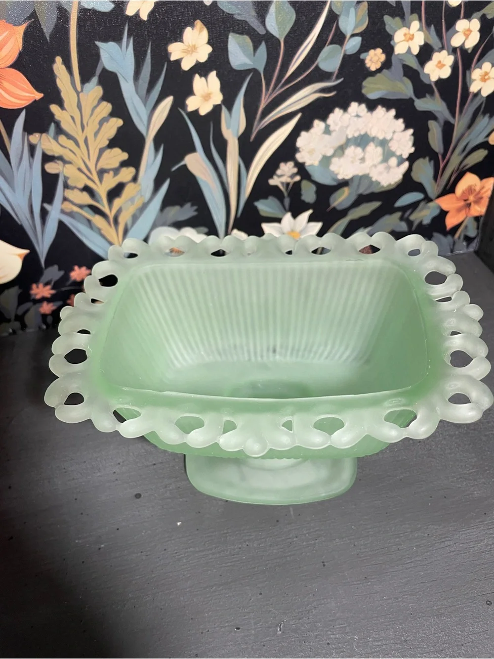 Frosted Sea Green Pedestal Compote Candy Dish MCM Vintage